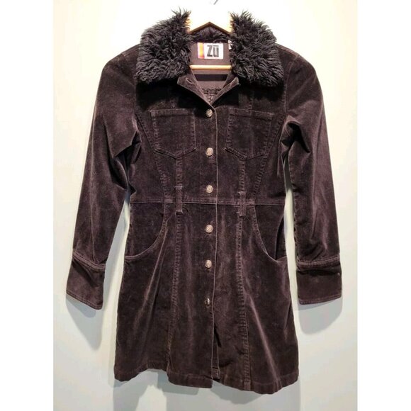 Y2K Zu Black Corduroy Mid Length Coat Faux Fur Collar Button Up Juniors L - Picture 1 of 8